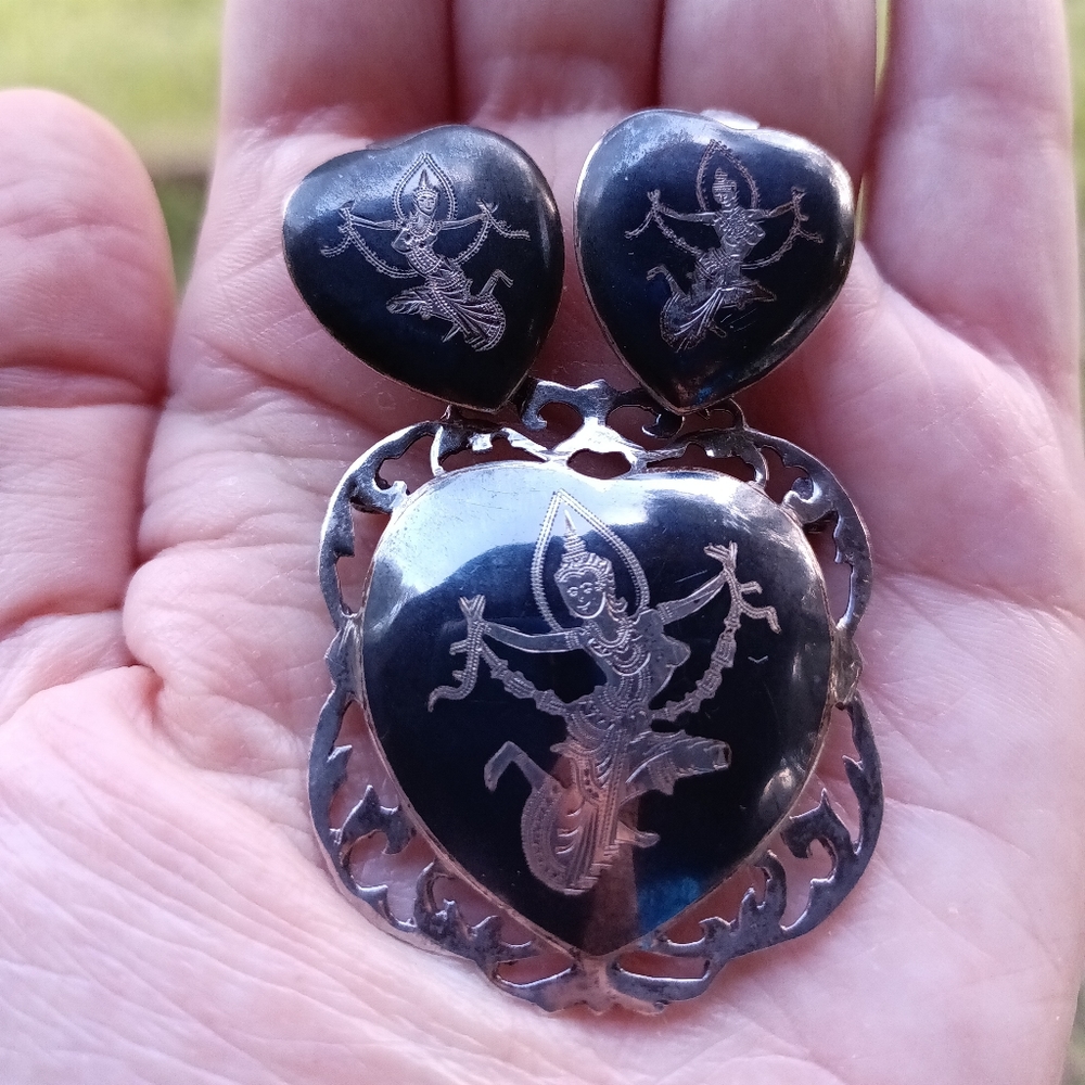 SOLD! Vintage Sterling Silver Earrings and Pin Brooch Set Heart Shaped
